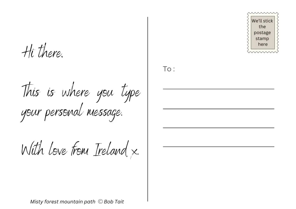 Misty forest mountain path by Bob Tait Print on demand postcard