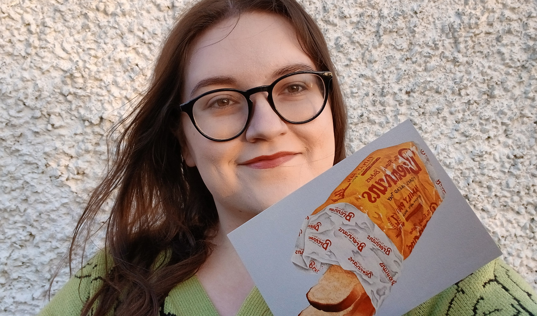 Wexford artist, Jane Prendergast, holding her "Today's Bread" postcard