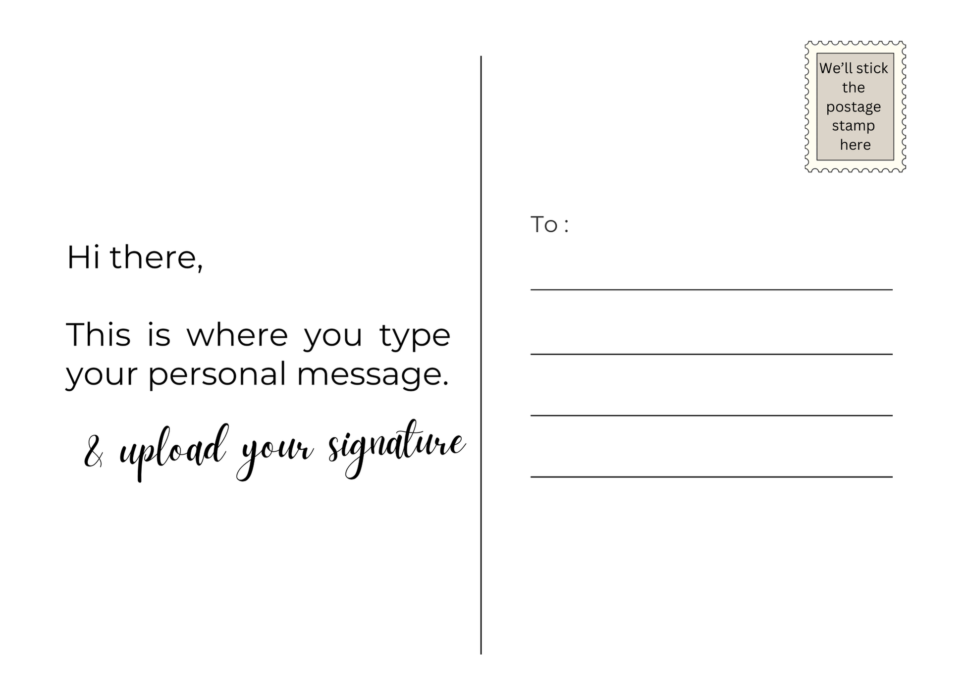 Sample reverse of postcard with option to upload your signature or a doodle