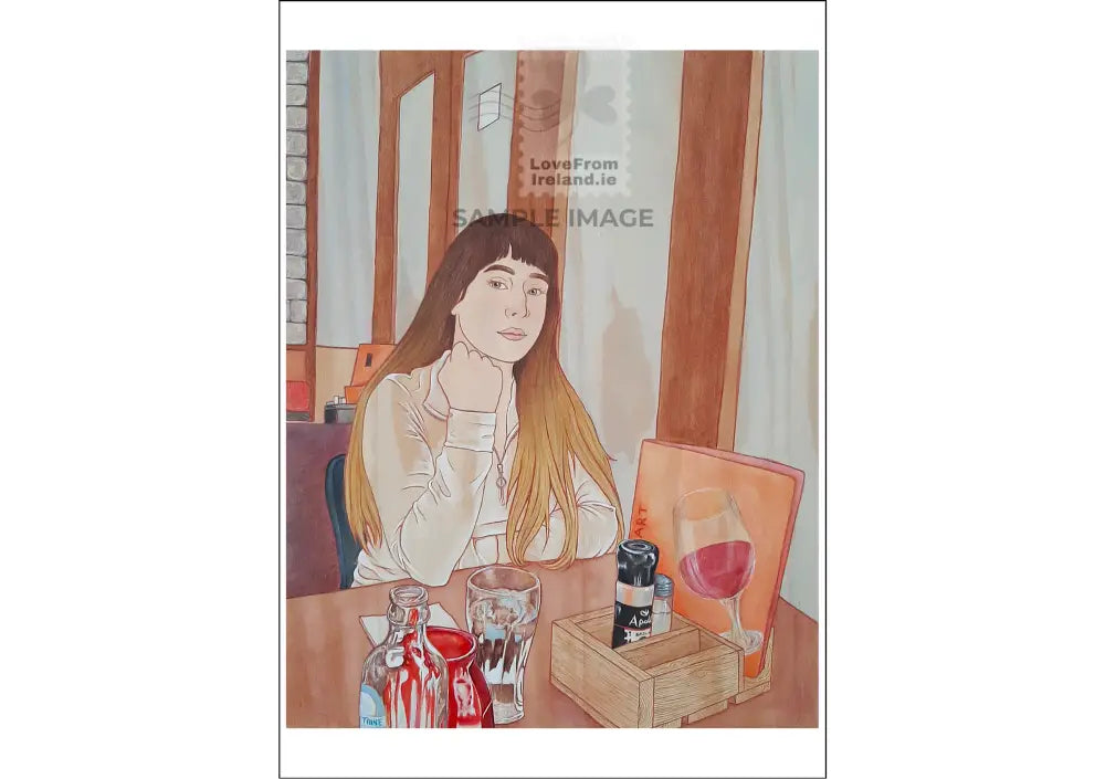 Across From You Too by Jane Prendergast is a postcard depicting a young woman sitting across the table in a restaurant while she waits for her meal.