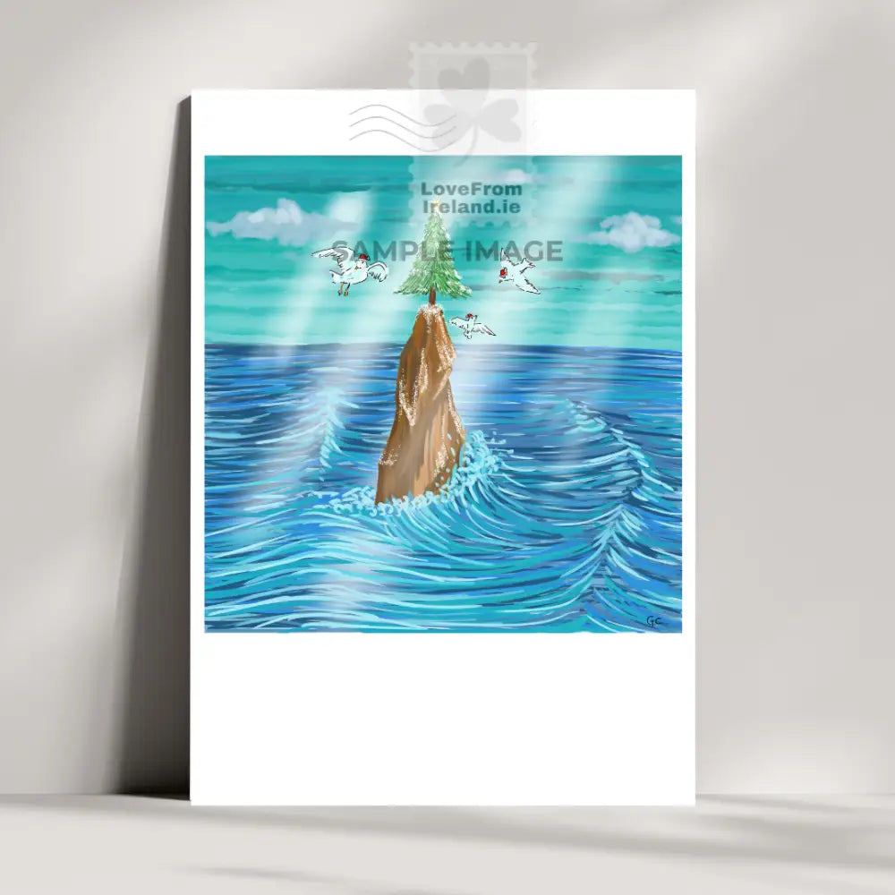 Christmas by the sea is a colourful Christmas card depicting 3 seagulls celebrating Christmas with a Christmas tree on top of a sea stack