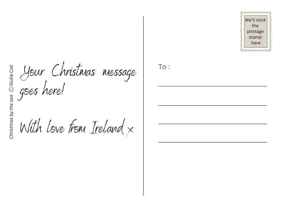 Blank Christmas postcard with space for a message and a postage stamp placeholder.