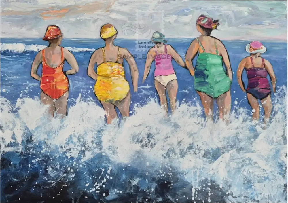 A painting of five ladies entering the sea for a swim