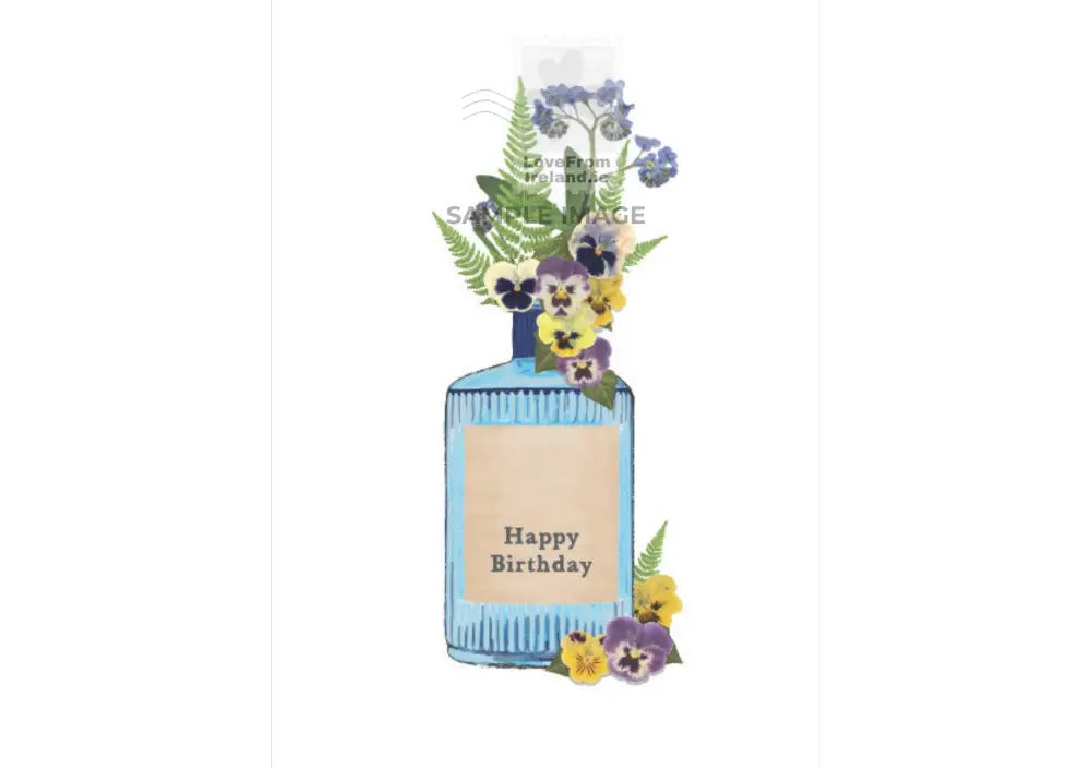 a postcard dipicting flowers in a Drumshanbo Gin bottle with a label that says Happy Birthday