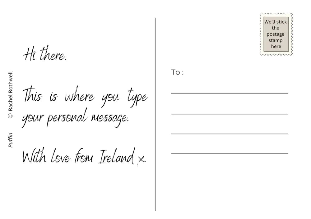 Sample view of the reverse of postcard when printed to illustrate where you write your personal message
