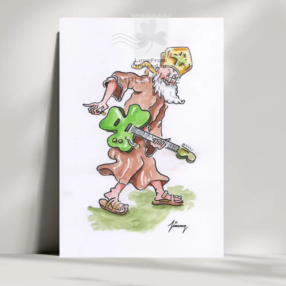 A quirky Saint Patrick's Day greeting card depicting Saint Patrick playing an electric guitar. Customize your message online and we will print and post your postcard for you.