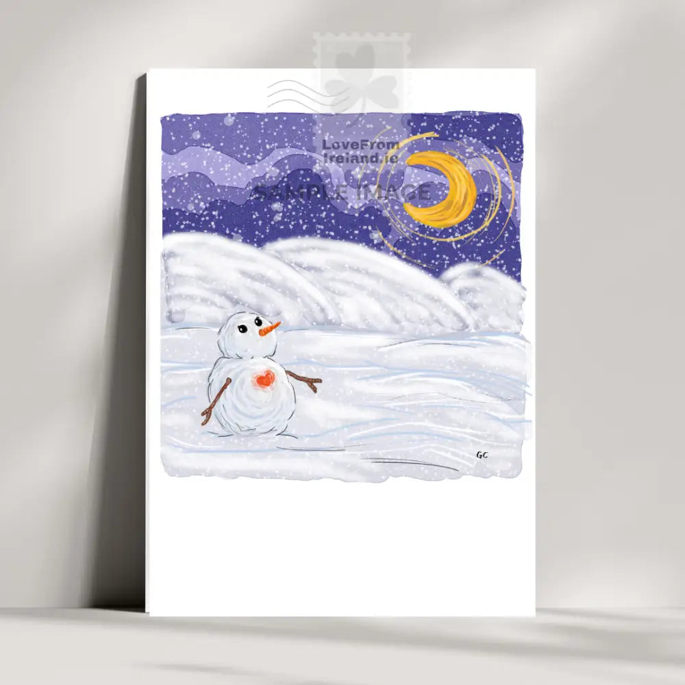 Adorable Snowman in love postcard depicting a snowman with a red heart in his chest looking at the moon. This card will be printed and posted on your behalf