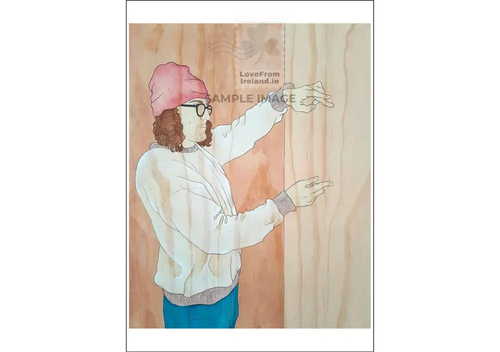 Still by Jane Prendergast is a postcard that depicts a man in a beanie hat and glasses gesturing during a quiet moment with the artist. The background is wood