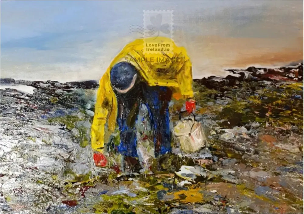 Painting of a man in a yellow raincoat collecting periwinkles from the shore