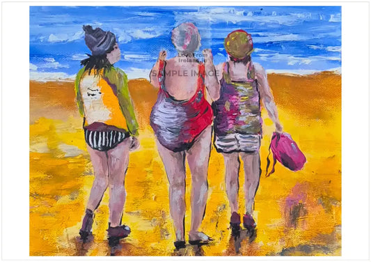 An oil painting of three women heading towards the sea for their daily swim